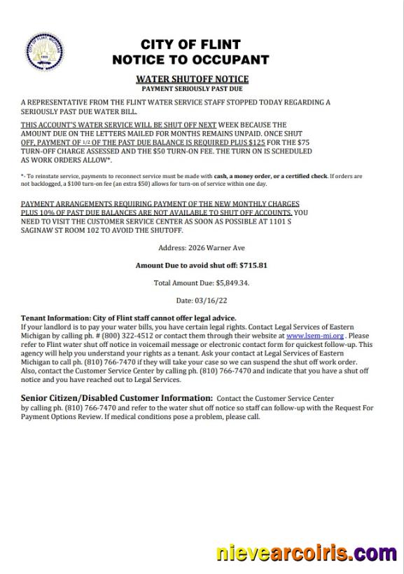 USA City of Flint Michigan Notice to occupant water utility bill